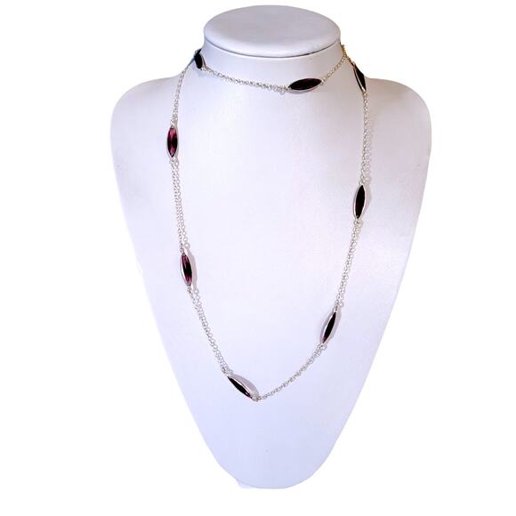 Silver-Tone Amethyst Color Purple Glass Marquise Cut Bezel Set Necklace 40" - Picture 3 of 6